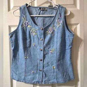 Vintage Denim Vest, Floral Embroidery, Button Down, Lightweight, 100% Cotton
